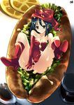  bad_id bad_pixiv_id black_hair blue_hair boots breasts censored cleavage cofepig food green_eyes hat high_heels highres in_food medium_breasts messy minigirl no_panties original pussy shoes solo spread_legs spread_pussy 