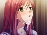  aikawa_arisa cum cum_in_mouth facial game_cg green_eyes long_hair matsubara_yui metro_chikan-sen red_hair school_uniform solo sweat tears 