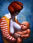  afro baby blue_background breast_feeding breast_sucking breasts casey_weldon diaper genderswap genderswap_(mtf) heart large_breasts mcdonald's open_clothes open_shirt realistic red_hair ronald_mcdonald shirt striped surreal what 