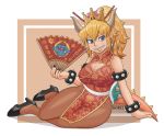  1girl ayyk92 black_nails blonde_hair blue_earrings borrowed_design bowser bowsette bracelet china_dress chinese_clothes chinese_new_year collar crown dress fan ganon highres horns jewelry mario_(series) nail_polish new_super_mario_bros._u_deluxe nintendo pantyhose sharp_teeth spiked_armlet spiked_bracelet spiked_collar spiked_shell spiked_tail spikes super_crown super_mario_bros. tail teeth turtle_shell 