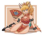  1girl ayyk92 black_nails blonde_hair blue_earrings borrowed_design bowser bowsette bracelet china_dress chinese_clothes chinese_new_year collar crown dress fan ganon highres horns jewelry mario_(series) nail_polish new_super_mario_bros._u_deluxe nintendo sharp_teeth spiked_armlet spiked_bracelet spiked_collar spiked_shell spiked_tail spikes super_crown super_mario_bros. tail teeth turtle_shell 