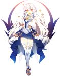  braid earrings elsword eve_(elsword) eyebrows_visible_through_hair eyelashes facial_mark fingerless_gloves forehead_jewel gloves jewelry long_hair long_sleeves silver_hair skirt star thighhighs yellow_eyes ygjkoon 