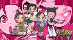  4girls animal bare_legs brown_eyes capcom chibi china_dress chinese_clothes chun-li don_(street_fighter) double_bun dress glowing glowing_eye han_juri highres ibuki ibuki_(street_fighter) jgonzo kasugano_sakura leaning_forward midriff multiple_girls navel official_art pants pantyhose purple_eyes street_fighter street_fighter_iii street_fighter_iv super_street_fighter_iv tanuki wallpaper zoom_layer 