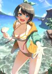  1girl :d aqua_hairband bangs bikini black_hair blue_eyes blue_sky bowsan breasts cleavage cloud collarbone commentary_request day green_jacket hairband highres holding holding_shell hololive jacket looking_at_viewer medium_breasts multicolored_clothes multicolored_jacket navel ocean oozora_subaru open_clothes open_jacket open_mouth orange_bikini orange_jacket outdoors parted_bangs polka_dot polka_dot_hairband shell short_hair sky smile solo standing striped striped_bikini swimsuit teeth thighs upper_teeth virtual_youtuber 