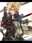  1boy armor black_gloves black_shirt blonde_hair blue_eyes cloud_strife dual_wielding earrings fighting_stance final_fantasy final_fantasy_vii final_fantasy_vii_advent_children first_ken fusion_swords gloves hair_between_eyes high_collar holding holding_sword holding_weapon jewelry letterboxed looking_at_viewer male_focus shirt short_sleeves shoulder_armor shoulder_strap single_earring solo spiked_hair sword tama_(tmfy5) twitter_username upper_body weapon white_background 