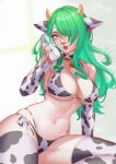  1girl absurdres animal_ears animal_print bell bikini bottle breasts ceres_fauna cow_ears cow_horns cow_print cowbell detached_sleeves green_hair heart heart-shaped_pupils highres hololive hololive_english horns large_breasts lips long_hair looking_at_viewer midriff milk_bottle nail_polish navel print_bikini side-tie_bikini signature simple_background skindentation solo swimsuit symbol-shaped_pupils thighhighs timoteo_de_carvalho virtual_youtuber white_background 