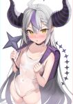  1girl :o absurdres ahoge backpack bag bangs bare_shoulders black_choker black_horns blush braid braided_bangs breasts choker collarbone covered_navel cowboy_shot embarrassed eyelashes grey_hair groin hair_between_eyes hands_up highres hololive horns kanzarin la+_darknesss long_hair looking_at_viewer multicolored_hair nose_blush one-piece_swimsuit open_mouth pointy_ears purple_bag purple_hair sidelocks single_braid small_breasts solo standing streaked_hair striped_horns swimsuit thighhighs thighs v-shaped_eyebrows very_long_hair virtual_youtuber wet wet_clothes wet_swimsuit white_background white_swimsuit white_thighhighs yellow_eyes 