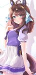  1girl absurdres ahoge animal_ears blue_eyes blush brown_hair daring_tact_(umamusume) frilled_skirt frills from_side hair_ribbon highres horse_ears horse_girl horse_tail long_hair looking_to_the_side parted_lips puffy_short_sleeves puffy_sleeves purple_shirt ribbon school_uniform shirt short_sleeves skirt sky_cappuccino solo tail tracen_school_uniform umamusume white_skirt 
