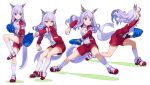  1girl animal_ears ball bangs baseball baseball_mitt breasts ear_bow floating_hair frown highres holding holding_ball horse_ears horse_girl horse_tail jacket leg_up long_hair long_sleeves mejiro_mcqueen_(umamusume) motion_blur multiple_views nishiki_kazue open_mouth pitching purple_eyes purple_hair red_jacket red_shorts sequential shoes shorts small_breasts sneakers socks standing standing_on_one_leg tail throwing track_jacket umamusume white_background white_socks 