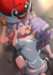  2girls absurdres artist_request blue_eyes blush breasts character_request commentary_request earrings gloves highres jewelry kiss large_breasts multiple_girls nail_polish pink_nails pokemon pokemon_(game) pokemon_go purple_hair yuri 