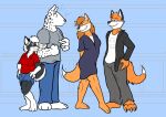  alan_foreman anthro black_body black_fur breasts canid canine canis claws cleavage clothed clothing dipstick_tail domestic_dog female fox fur group hair male mammal markings mikittok_qimmiq orange_body orange_fur orange_hair s.s.d.d. tail_markings the_whiteboard toe_claws webcomic white_hair 