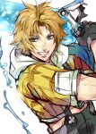  1boy bangs black_gloves blonde_hair blue_eyes cropped_jacket fighting_stance final_fantasy final_fantasy_x gloves grin holding holding_sword holding_weapon hood hood_down hooded_jacket jacket looking_at_viewer male_focus overalls parted_bangs short_hair short_sleeves smile solo sword tama_(tmfy5) teeth tidus water water_drop weapon white_background 