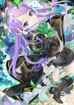  119 1girl animal_ears ass bangs black_footwear black_shorts boots bow bowtie ear_ribbon green_bow green_ribbon highres horse_ears horse_girl horse_tail leg_up long_hair long_sleeves looking_at_viewer mejiro_mcqueen_(umamusume) purple_eyes purple_hair ribbon shorts smile solo standing standing_on_one_leg swept_bangs tail umamusume 