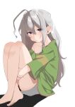  1girl ahoge bare_legs barefoot blush breasts cleavage collarbone green_shirt grey_hair highres hoshi_syoko huge_ahoge hugging_own_legs idolmaster idolmaster_cinderella_girls idolmaster_cinderella_girls_starlight_stage long_hair looking_at_viewer ru_u_un shirt shy simple_background single_bare_shoulder solo sweatdrop very_long_hair white_background wilted_ahoge 