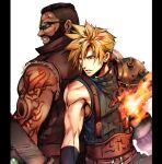  2boys arm_tattoo armor asymmetrical_hair back-to-back barret_wallace beard belt black_hair blonde_hair blue_eyes blue_shirt brown_vest buster_sword clenched_teeth cloud_strife dark-skinned_male dark_skin earrings facial_hair fighting_stance final_fantasy final_fantasy_vii final_fantasy_vii_remake fire flaming_hand hair_between_eyes holding holding_sword holding_weapon jewelry looking_to_the_side male_focus materia multiple_belts multiple_boys muscular muscular_male parted_lips pillarboxed popped_collar prosthesis shirt short_hair shoulder_armor single_earring sleeveless sleeveless_turtleneck spiked_hair sunglasses suspenders sword tama_(tmfy5) tattoo teeth torn_clothes torn_sleeves turtleneck very_short_hair vest weapon white_background 