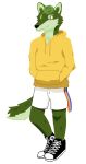  anthro bottomwear canid canine canis clothing converse fur green_body green_eyes green_fur green_hair hair hi_res hoodie male mammal mmmmbeefowo rainbow_pride_colors shorts solo topwear wolf 