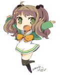  1girl ahoge arms_up brown_hair character_request chibi dated full_body green_eyes long_hair looking_at_viewer mota open_mouth simple_background skirt smile solo thighhighs white_background 