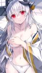  1girl bangs bare_shoulders blush bow bow_panties bra breasts cleavage closed_mouth collarbone dragon_girl dragon_horns fate/grand_order fate_(series) highres horns japanese_clothes kimono kiyohime_(fate) large_breasts long_hair looking_at_viewer morizono_shiki navel off_shoulder panties red_eyes underwear white_bra white_hair white_kimono white_panties 