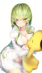  1girl absurdres alternate_breast_size blush breasts c.c. cheese-kun cleavage closed_mouth code_geass green_hair highres holding holding_stuffed_toy large_breasts long_hair looking_at_viewer no_pants shiny shiny_hair shirt simple_background solo stuffed_toy white_background white_shirt yellow_eyes yuunamida_uyu 