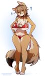  2022 amber_eyes anthro artist_name big_breasts bikini breasts canid canine canis cheyenne_(inu-dono) cleavage clothed clothing coffeechicken countershade_face countershade_torso countershading coyote deep_cleavage digital_media_(artwork) dipstick_tail eyewear female full-length_portrait fur glasses hair hand_on_hip hi_res huge_breasts mammal markings navel nipple_outline portrait question_mark red_clothing red_swimwear simple_background solo standing swimwear tail_markings tan_body tan_fur tan_hair under_boob white_background wide_hips 