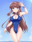  1girl bangs blue_sky blue_swimsuit blunt_bangs breasts brown_eyes casual_one-piece_swimsuit cleavage cloud cowboy_shot day highres large_breasts long_hair new_game! one-piece_swimsuit outdoors ponytail sidelocks sky solo star_(symbol) star_print swimsuit takimoto_hifumi tansan_0 turtleneck very_long_hair visor_cap 
