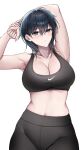  1girl absurdres armpits arms_up bangs bare_arms bare_shoulders black_hair black_pants blue_eyes blurry blurry_background blush borrowed_character breasts cleavage collarbone commentary crop_top foxie30 hair_between_eyes highres large_breasts leggings looking_at_viewer midriff navel original outdoors pants parted_lips short_hair solo sports_bra stomach upper_body yokoyama_ishimi 