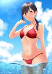  1girl absurdres bikini black_hair blue_sky breasts cloud day hair_over_shoulder highres long_hair low_ponytail navel no._(pixiv73936015) original outdoors partially_underwater_shot red_bikini red_eyes side-tie_bikini sky small_breasts soaking_feet solo swimsuit water 
