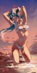 1girl aqua_eyes aqua_hair arms_up bangs bikini breasts cleavage cloud evening hair_between_eyes hair_ornament hatsune_miku jiuyesang long_hair looking_at_viewer medium_breasts outdoors parted_lips sky solo striped striped_bikini swimsuit twintails vocaloid w wading water 