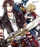  2boys arm_strap bandages bangs belt black_gloves black_jacket black_pants blonde_hair blue_eyes brown_hair buster_sword chain_necklace clawed_gauntlets cloak cloud_strife cowboy_shot cropped_jacket demon_wings final_fantasy final_fantasy_vii final_fantasy_viii gloves gunblade holding holding_weapon jacket jewelry kingdom_hearts looking_to_the_side loose_belt male_focus medium_hair multiple_belts multiple_boys necklace official_alternate_costume pants parted_bangs red_cloak scar scar_on_face shirt short_hair short_sleeves single_wing spiked_hair squall_leonhart tama_(tmfy5) twitter_username weapon weapon_on_back white_background white_shirt wings 