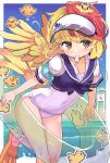  1girl alternate_costume animal_on_head bird bird_on_head bird_tail bird_wings blonde_hair chick flat_chest highres multicolored_hair niwatari_kutaka on_head one-piece_swimsuit puuakachan red_hair solo swimsuit tail touhou two-tone_hair wings 