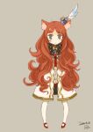  1girl animal_ears brown_hair closed_mouth curly_hair dated full_body highres long_hair looking_at_viewer mota original pantyhose simple_background skirt solo 