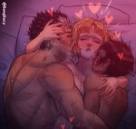  1boy 2girls armpit_hair aroused bang_dacy bed berserk bisexual_female biting black_hair blonde_hair blush casca_(berserk) closed_eyes collarbone dark-skinned_female dark_skin eyelashes farnese_(berserk) ffm_threesome group_hug group_sex guts_(berserk) heart hug licking licking_neck lip_biting multiple_girls muscular muscular_female pillow scar short_hair sweat threesome 