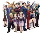  5girls 6+boys ace_attorney apollo_justice apollo_justice:_ace_attorney artist_name ascot black_hair blonde_hair blue_headwear blush brown_eyes brown_hair cape dick_gumshoe dress earrings ema_skye eyewear_on_head formal franziska_von_karma gloves godot_(ace_attorney) hair_rings half_updo hat japanese_clothes jewelry kimono klavier_gavin kristoph_gavin labcoat larry_butz long_hair magatama mask maya_fey miles_edgeworth missile_(ace_attorney) multiple_boys multiple_girls necklace necktie obi official_art pants pearl_fey phoenix_wright phoenix_wright:_ace_attorney_-_trials_and_tribulations red_pants sash scarf short_hair sleeves_rolled_up smile suit sunglasses top_hat trucy_wright visor watermark white_gloves white_hair 