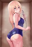  1girl ass bangs bare_arms bare_shoulders blonde_hair blue_eyes blue_swimsuit blush breasts commentary_request from_behind holding holding_shower_head huyumitsu large_breasts long_hair looking_at_viewer looking_back mole mole_under_eye one-piece_swimsuit original parted_lips shower_head showering solo swimsuit thighs tile_wall tiles water wet 