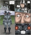  2022 absurd_res animate_inanimate armor big_breasts binoculars bodily_fluids breasts clothed clothing comic dialogue duo english_text female front_view fully_clothed genitals glowing glowing_eyes grey_body headgear helmet hi_res human humanoid living_machine living_tank living_vehicle machine male mammal nipples not_furry nude pussy red_eyes redviewer_55 soldier speech_bubble standing sweat t-90 tank tank_humanoid text thick_thighs vehicle vehicle_humanoid warrior wide_hips 