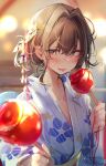  1girl bangs blue_kimono blurry blurry_background blush border brown_eyes brown_hair candy_apple festival floral_print flower food hair_between_eyes hair_flower hair_intakes hair_ornament half-closed_eyes highres holding holding_food japanese_clothes kimono light_particles long_sleeves looking_at_viewer medium_hair nekomugiharu obi original sash sidelocks smile solo summer_festival tongue tongue_out upper_body white_border wide_sleeves yukata 