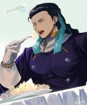  1boy background_text black_hair blue_eyes blue_hair bracelet commentary_request eating fate/grand_order fate_(series) fork gloves gradient gradient_background gradient_hair high_collar highres holding holding_fork jacket jewelry light_blue_background long_hair long_sleeves looking_away male_focus multicolored_hair muscular muscular_male nikola_tesla_(fate) open_mouth plate solo sosaka sweat teeth twitter_username two-tone_hair upper_body upper_teeth white_background white_gloves 