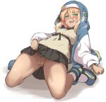  1boy aqua_eyes blonde_hair blue_footwear blush bridget_(guilty_gear) brown_shirt commentary_request full_body guilty_gear guilty_gear_strive heavy_breathing kokutou_nikke looking_at_viewer male_focus open_mouth otoko_no_ko shirt shoes short_hair simple_background smile solo sweat teeth thighs upper_teeth white_background 