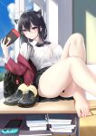  &gt;_&lt; 1girl absurdres ahoge animal_ear_fluff animal_ears azur_lane bag bangs bare_legs barefoot black_bag black_bow black_bowtie black_footwear black_hair black_skirt blue_sky book book_stack bow bowtie bra bra_peek bra_visible_through_clothes breasts button_gap cat_ears charm_(object) classroom cleavage closed_mouth cloud collared_shirt crossed_bangs day desk feet foot_out_of_frame glasses hair_between_eyes handheld_game_console highres holding holding_handheld_game_console honolulu_(azur_lane) honolulu_(umbrella_girl)_(azur_lane) huge_ahoge indoors jacket kemonomimi_mode knee_up large_breasts leaning_back leg_up loafers long_hair long_sleeves looking_at_object manjuu_(azur_lane) miniskirt off_shoulder official_alternate_costume on_desk open_clothes open_jacket pleated_skirt red_eyes red_jacket revision rimless_eyewear round_eyewear school_bag school_uniform see-through see-through_shirt shigatsu_(4gate) shirt shirt_tucked_in shoes shoes_removed sidelocks sitting skirt sky smile solo sunlight taihou_(azur_lane) taihou_(sweet_time_after_school)_(azur_lane) taut_clothes taut_shirt thighs toenails toes underwear white_bra window 