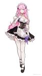  1girl absurdres alternate_costume apron artist_name black_dress black_footwear blue_eyes breasts check_translation cleavage closed_mouth dress elf elysia_(honkai_impact) elysia_(miss_pink_elf) enmaided frilled_dress frills full_body gloves highres honkai_(series) honkai_impact_3rd long_hair looking_at_viewer maid maid_apron maid_headdress official_alternate_costume ovosakisilica pink_hair pointy_ears ponytail shoes short_sleeves simple_background solo standing thighhighs translation_request white_background white_gloves white_thighhighs 