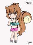  1girl animal_ears animated animated_gif artist_request bangs bare_legs bare_shoulders blinking blush_stickers bra_strap breasts brown_eyes brown_hair chibi cleavage clothes_writing commission crop_top ear_wiggle full_body green_shirt grey_background hand_up highleg highleg_panties large_tail looking_at_viewer midriff navel off-shoulder_shirt off_shoulder original panties park_bokja pink_shorts second-party_source shirt shoes short_shorts short_sleeves shorts simple_background smile solo squirrel_ears squirrel_tail standing stomach t-shirt tail translation_request underwear white_footwear 