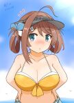  1girl ahoge bikini blue_sky breasts brown_hair chougei_(kancolle) cleavage cloud commentary_request curse_(023) grey_eyes hair_ornament hair_rings hairclip hands_on_hips highres kantai_collection large_breasts long_hair looking_at_viewer orange_bikini sky solo swimsuit upper_body visor_cap 