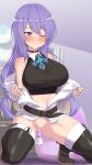  1girl absurdres bangs bare_shoulders belt black_thighhighs blue_nails blush bottomless breasts censored choker dildo high_heels highres hololive kneeling long_hair mcp150_plus midriff moona_hoshinova mosaic_censoring navel object_insertion one_eye_closed purple_eyes purple_hair pussy pussy_juice sex_toy solo thighhighs tiptoes vaginal vaginal_object_insertion virtual_youtuber 