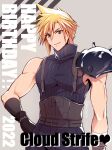  1boy arm_at_side armor bandaged_arm bandages belt black_gloves blonde_hair blue_eyes blue_pants blue_shirt character_name cloud_strife cowboy_shot final_fantasy final_fantasy_vii final_fantasy_vii_remake gloves grey_background hair_between_eyes hand_on_hip happy_birthday male_focus minato_(ct_777) multiple_belts muscular muscular_male pants shirt short_hair shoulder_armor sleeveless sleeveless_turtleneck solo spiked_hair suspenders turtleneck twitter_username 