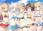  5girls :d ;) ahoge akai_haato aki_rosenthal animal_ear_fluff animal_ears arm_garter arm_up armpits ayamy bangs bat_hair_ornament bat_tattoo bikini bikini_skirt black_choker blonde_hair blue_bikini blue_bow blue_eyes blue_nails blush bow braid breasts bridal_garter brown_hair choker cleavage closed_mouth cowboy_shot detached_hair flower fox_ears frilled_bikini frills front-tie_bikini front-tie_top hair_bun hair_flower hair_ornament hairclip hand_up heart heart_hair_ornament heart_hands hololive large_breasts leg_tattoo long_hair looking_at_viewer low_twintails medium_breasts multiple_girls nail_polish natsuiro_matsuri navel one_eye_closed parted_bangs parted_lips red_bikini shirakami_fubuki short_hair short_twintails single_hair_bun smile standing stomach string_bikini sunflower swimsuit tattoo thigh_strap thighhighs twintails v very_long_hair virtual_youtuber white_bikini white_hair white_headwear white_thighhighs x_hair_ornament yellow_bikini yellow_eyes yellow_flower yozora_mel 