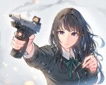  black_hair daito firing gun handgun holding holding_gun holding_magazine_(weapon) holding_weapon inoue_takina long_hair lycoris_recoil lycoris_uniform magazine_(weapon) neck_ribbon outstretched_arms purple_eyes ribbon s&amp;w_m&amp;p school_uniform smoke upper_body weapon 