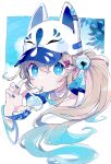 +_+ 1girl animal_ears animal_hat bandaid bangs baseball_cap bell blue_eyes blue_hair blue_nails brown_hair chon_(chon33v) collarbone commentary_request egasumi fake_animal_ears fingernails fox_ears fox_hat gradient_hair hair_bell hair_between_eyes hair_ornament hand_up hat high_collar highres jingle_bell long_hair looking_at_viewer mouth_hold multicolored_hair nail_polish original ponytail portrait side_ponytail signature solo very_long_hair white_background white_headwear wind_chime 