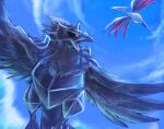  bird black_sclera bright_pupils cloud colored_sclera commentary_request corviknight day flying from_below glint highres ka-neito no_humans open_mouth outdoors pokemon pokemon_(creature) red_eyes skarmory sky white_pupils 