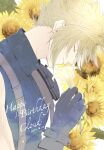  1boy armor blonde_hair blue_shirt character_name closed_eyes cloud_strife colored_eyelashes dated final_fantasy final_fantasy_vii final_fantasy_vii_remake floral_background flower gloves hair_between_eyes happy_birthday highres holding holding_flower i_ne_rrr leaf male_focus shirt short_hair shoulder_armor sleeveless sleeveless_turtleneck smelling_flower solo spiked_hair sunflower suspenders turtleneck upper_body 