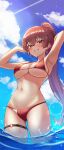  1girl absurdres arm_behind_head armpits arms_up ass_visible_through_thighs bare_arms bare_shoulders bikini breasts cleavage day earrings grin groin halterneck heterochromia highres hololive houshou_marine jewelry kano_(wi3028) large_breasts long_hair looking_at_viewer navel necklace outdoors ponytail red_bikini red_eyes red_hair skindentation smile solo standing stomach string_bikini swimsuit thigh_strap thighs very_long_hair virtual_youtuber wading water wet yellow_eyes 